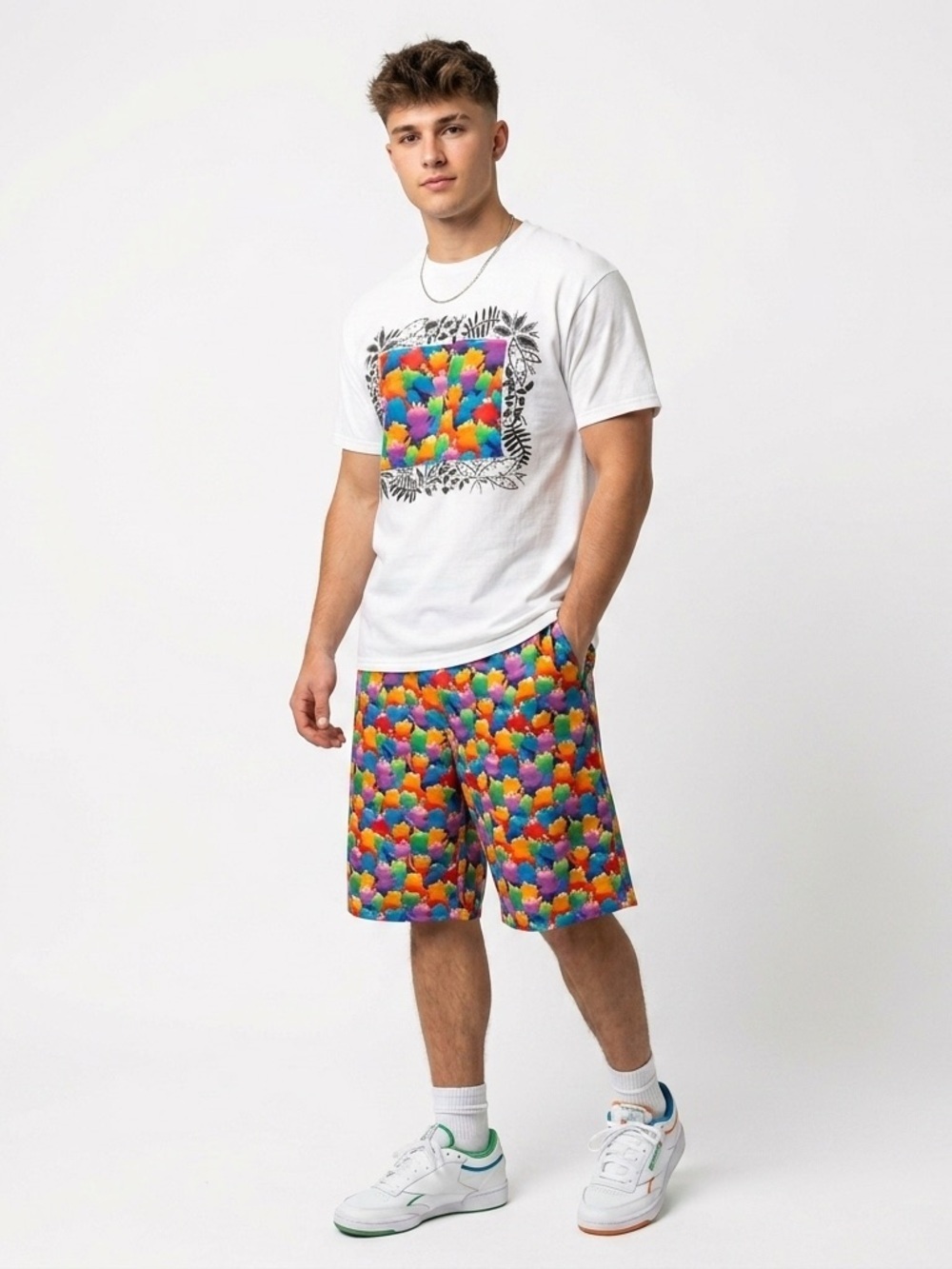 Yo Wear USA T Shirt and Shorts Set 3D Frog Novelty Cotton Print White Large